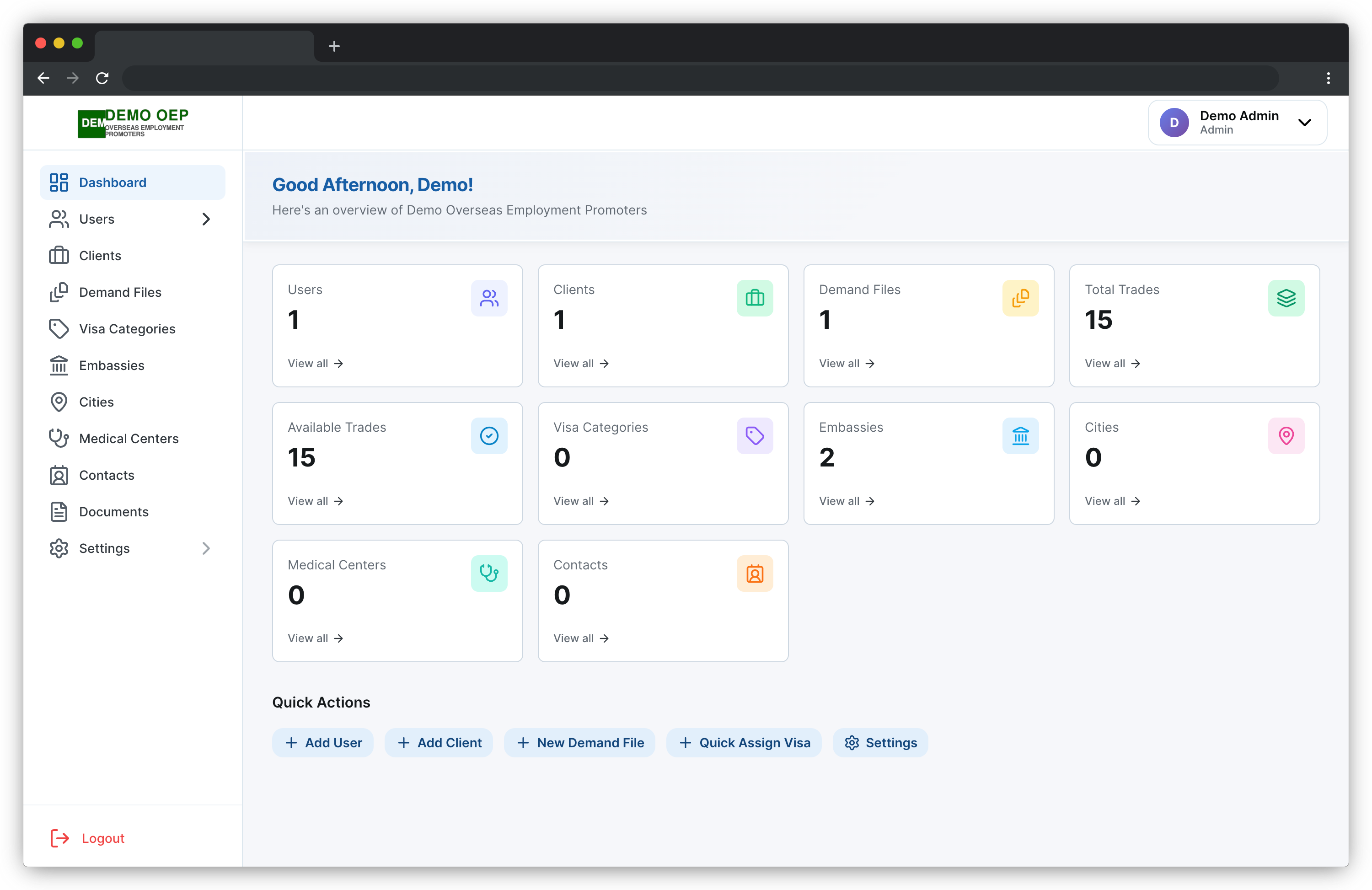 OEP Management Portal — overseas employment promoter software dashboard